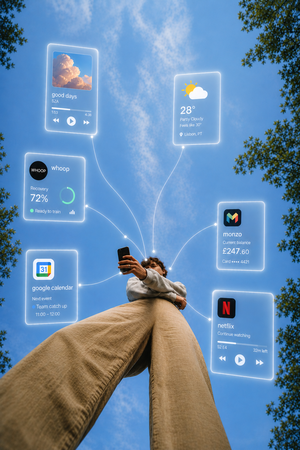 A solitary figure on an open hillside, framed by a transparent phone silhouette with app icons orbiting around them.